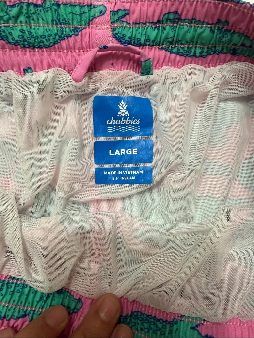 chubbies Pink Swim Trunks with Green Crocodile Print